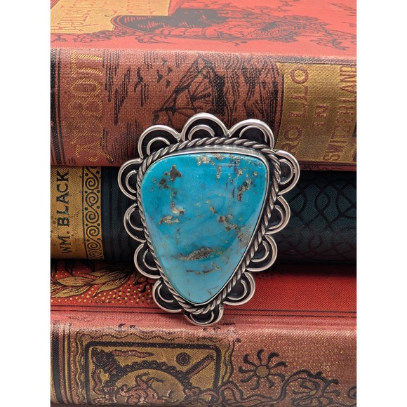 Vintage Turquoise Sterling Silver Statement Brooch Pin Southwestern Style - Picture 1 of 7